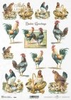 Papier decoupage ryżowy ITD R846 - Wielkanoc, koguty, kury, kurczaki, Vintage