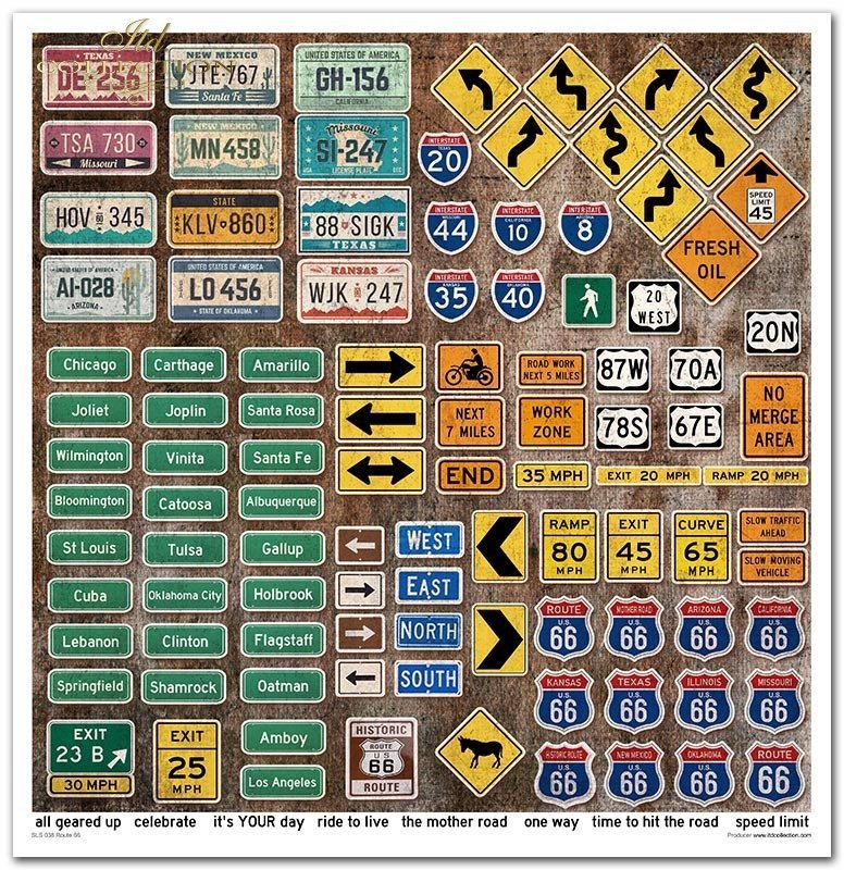Set of scrapbooking papers - SLS-038 'Legendary Route 66' old cars,  motorbikes, trucks, auto repair shop, cadillac ranch, road signs, boards,  tools