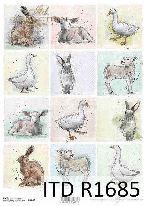 Pastel colours, tags, 12 small pictures, goose, duck, rabbit, hare, sheep, spring, Easter, around the farm