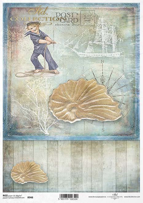 motywy marynistyczne, lato, wakacje, dziecko, dzieci, strój marynarski, morze, statek, okręt, róża wiatrów, muszla, koralowiec, deska, deski, paski, R948, maritime motifs, summer, holiday, child, sailor's clothes, sea, ship, ship's boat, wind rose, shel