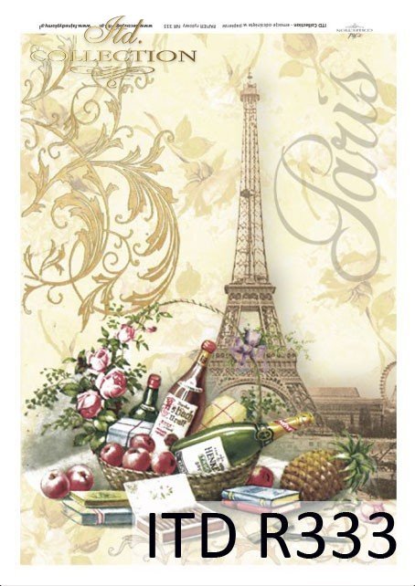 martwa natura, Paryż, wieża Eiffla, wino, butelka, jabłka, piknik, ornamenty roślinne,