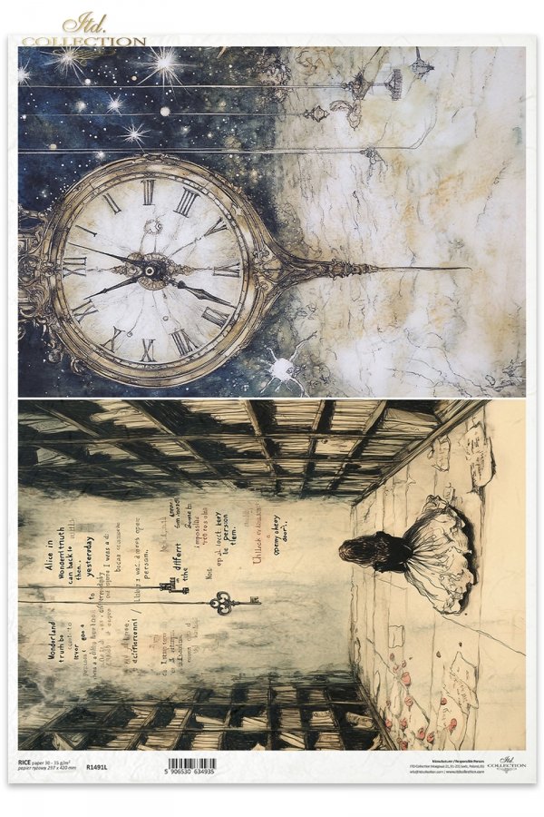 Zegar, kosmos, Alicja, wiszące klucze, biblioteka, książki, napisy*Clock, space, Alice, hanging keys, library, books, inscriptions*Uhr, Raum, Alice, hängende Schlüssel, Bibliothek, Bücher, Inschriften*Reloj, espacio, Alicia, llaves colgantes, biblioteca, 