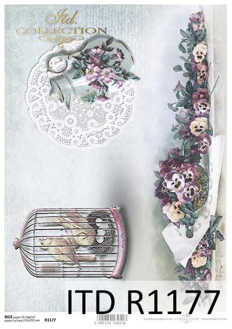 papier decoupage klatka dla ptaków, dzbanek, Bratki*Paper decoupage bird cage, jug, pansies