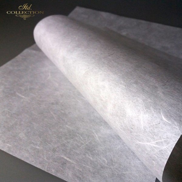 Very thin and light - only about 30-35 g/m2, semi-transparent, naturally white. It contains typical, clearly visible fibers of irregular gauge,  arranged in all directions all over the paper surface, giving it an original look and structure
