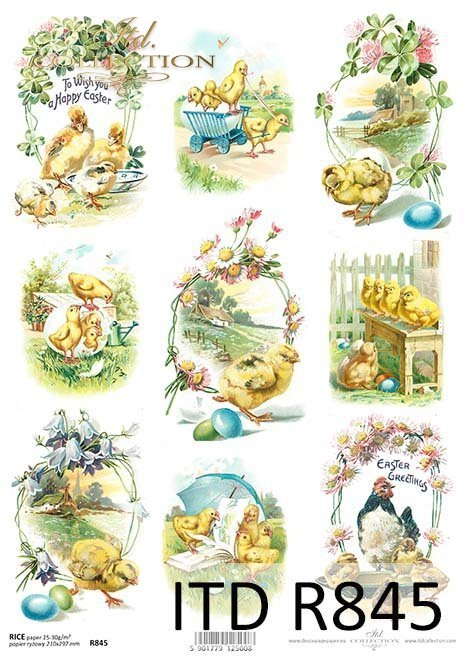 Wielkanoc, wiosna, kwiaty, kury, kurczaki, kurczaczki, kaczuszki, małe kaczki, R845