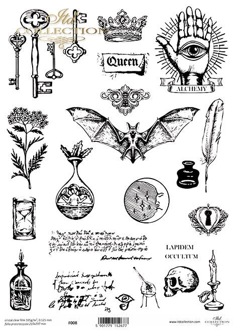 Folia przezroczysta do scrapbookingu, mixmedia... klucz, klucze, nietoperz, czaszka, czary, korona, dekory, alchemia, klepsydra, księżyc, kałamarz, symbole, okultyzm