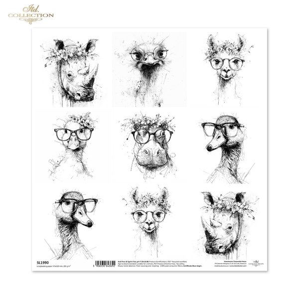 zwierzęta, portrety, szkice, czarno-białe, okulary, wianki, kwiaty, nosorożec, struś, alpaka, kaczka, hipopotam, grafika, nowoczesne