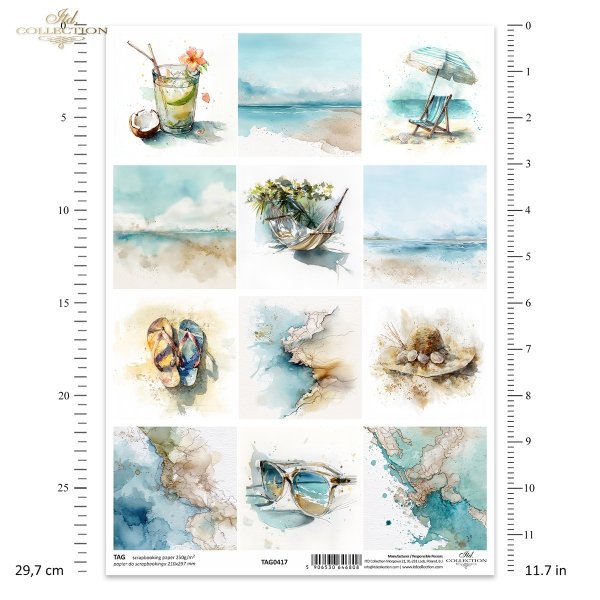 abstrakcja, marmur, alkohol ink, złote żyłki, morze, plaża, wybrzeże, horyzont, pejzaż, akwarela, japonki, klapki, kapelusz, muszle, okulary przeciwsłoneczne, drink, kokos, hamak, leżak, parasol plażowy