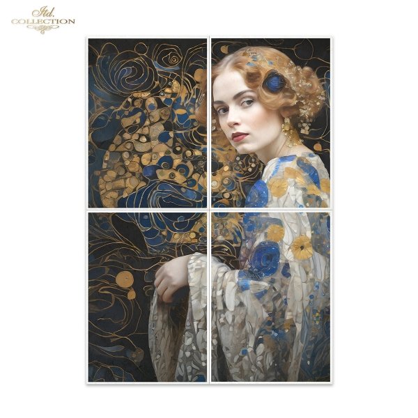 Papier decoupage morwowy FPA1008, Seria Inspired by Klimt, kobiety, zloto, dekoracyjne wzory, kamienie szlachetne, mozaiki, motywy secesyjne * Mulberry decoupage paper FPA3002, women, gold, decorative patterns, gemstones, mosaics, Art Nouveau motifs *Pape