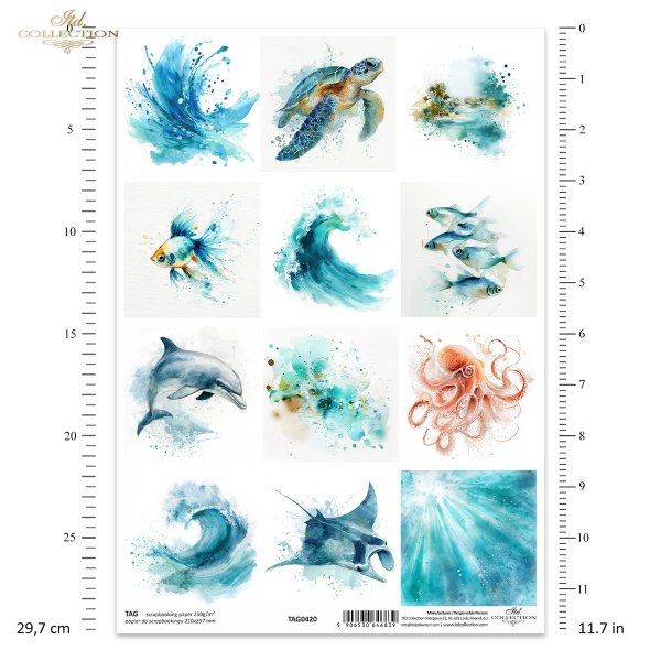  Żółw morski, złota rybka, ryby, delfin, ośmiornica, manta, płaszczka, ocean, fauna, akwarela*Sea turtle, goldfish, fish, dolphin, octopus, manta ray, stingray, ocean, fauna, watercolor