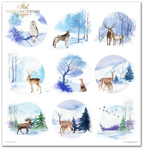 Winter animals - Zimowe zwierzęta, sroka, gil, łoś, niedźwiedź, wilk, sowa, zając, jeleń, przekładki do bombek, zimowe widoczki, śnieżynki, gwiazdki, akwarele