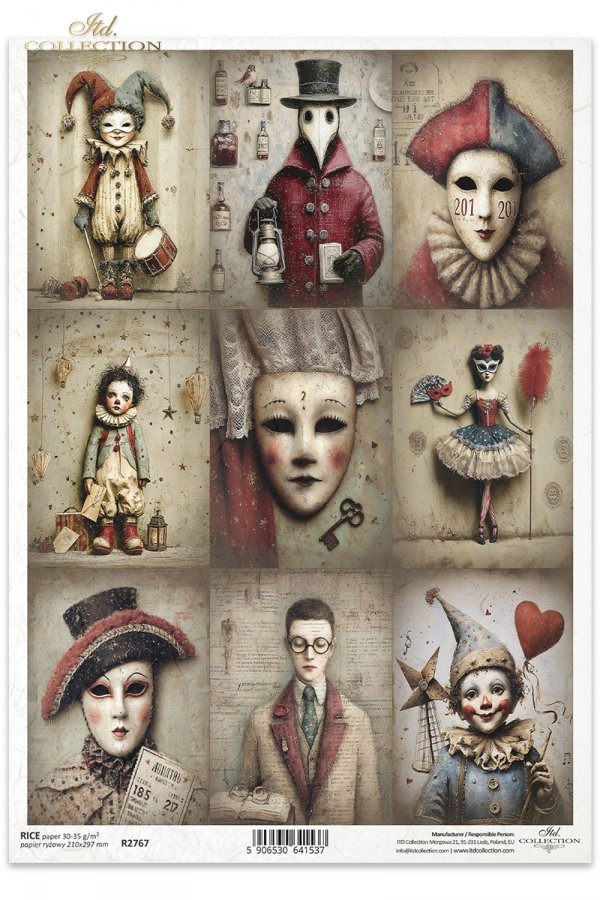 Carnival - Masquerade - karnawał, maskarada, maski, arlekin, commedia dell’arte, cyrk, teatr, vintage, retro, melancholia, tajemnica, noc, papier postarzany, faktury, kolaż, postacie teatralne, Arlekin, Kolombina, Pulcinella (Pulcinela), Pantalone, Doktor