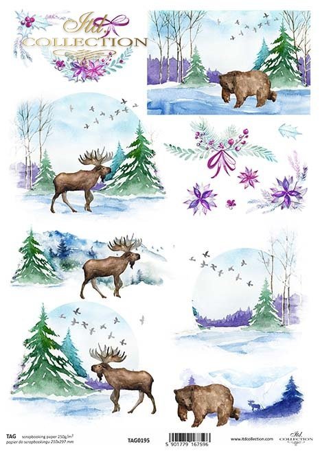 zimowe widoczki z zwierzętami, łoś, niedźwiedź*winter views with animals, moose, bear*Winteransichten mit Tieren, Elch, Bär*vistas de invierno con animales, alce, oso
