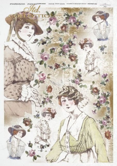 retro, vintage style, decoupage rice paper - woman, women, women's hats, hat, fashion