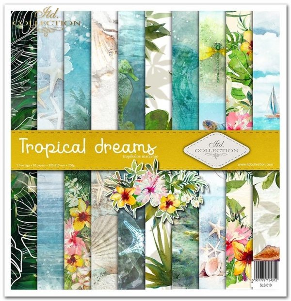 Tropical dreams*tropikalne marzenia-z serii podróż marzeń: muszle, żaglówka, ryby, konik morski, meduzy, głębia, pelikan, tukan, palmy, plaża, liście monstaery, kwiat hibiskusa, motyl, kraby, rozgwiazdy, kwiaty do wycinania...