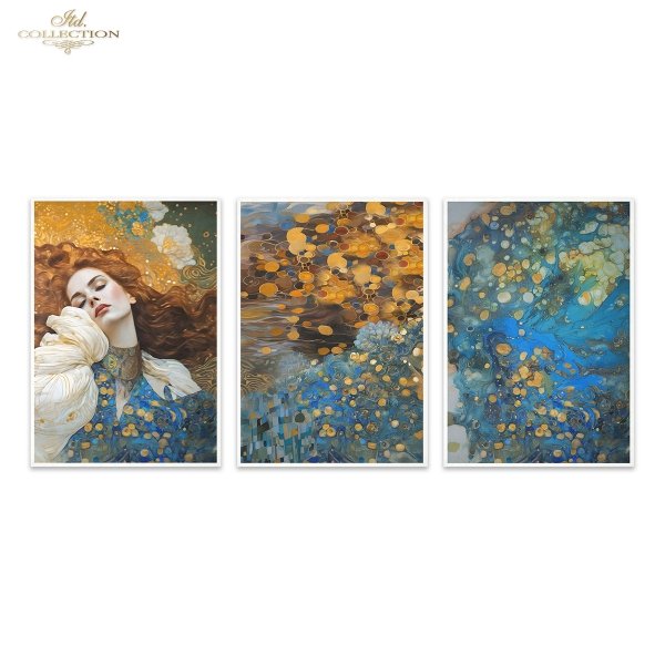 Papier decoupage morwowy FPA3002, Seria Inspired by Klimt, kobiety, zloto, dekoracyjne wzory, kamienie szlachetne, mozaiki, motywy secesyjne * Mulberry decoupage paper FPA3005, women, gold, decorative patterns, gemstones, mosaics, Art Nouveau motifs 