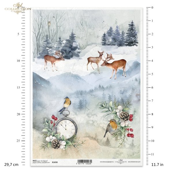 Boże Narodzenie w czerwieni, choinka, świerk, las, sarna, sarny, jeleń, ptak, ptaszek, ptaszki, zima, śnieg, zegar, zegarek, tarcza zegarowa, Wonderful Christmas Time, Christmas in red, Christmas tree, spruce, forest, roe deer, bird