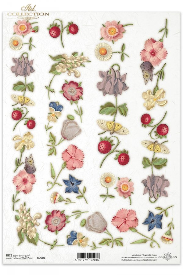 small flowers and wild strawberries; flower, flowers, butterfly, butterflies, daisy, lily of the valley, clove, cloves, strawberry, strawberries