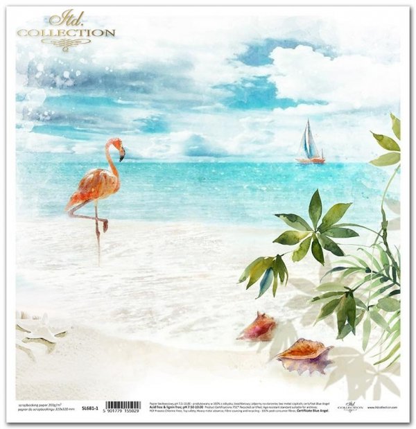 Seria Tropical dreams - tropikalna plaża, pelikan, muszle, liście palmy
