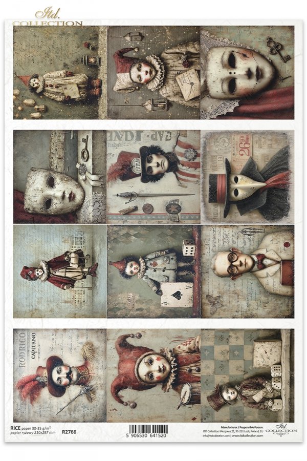 karnawał, maskarada, maski, arlekin, commedia dell’arte, cyrk, teatr, vintage, retro, melancholia, tajemnica, noc, papier postarzany, faktury, kolaż, postacie teatralne, Arlekin, Kolombina, Pulcinella (Pulcinela), Pantalone, Doktor, Kapitan, Brighella, Pi