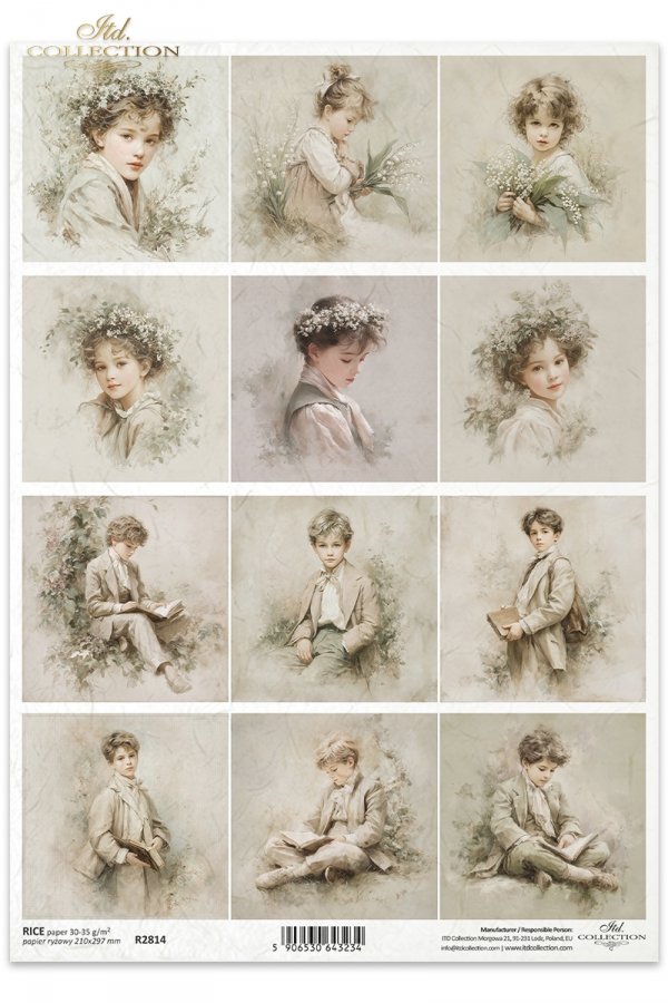 portrety, chłopcy, styl vintage, sepia, czytanie książek, klasyczne stroje, estetyka retro, akwarela, dziewczynka, kwiaty, konwalie, wianek, delikatność, pastelowe barwy