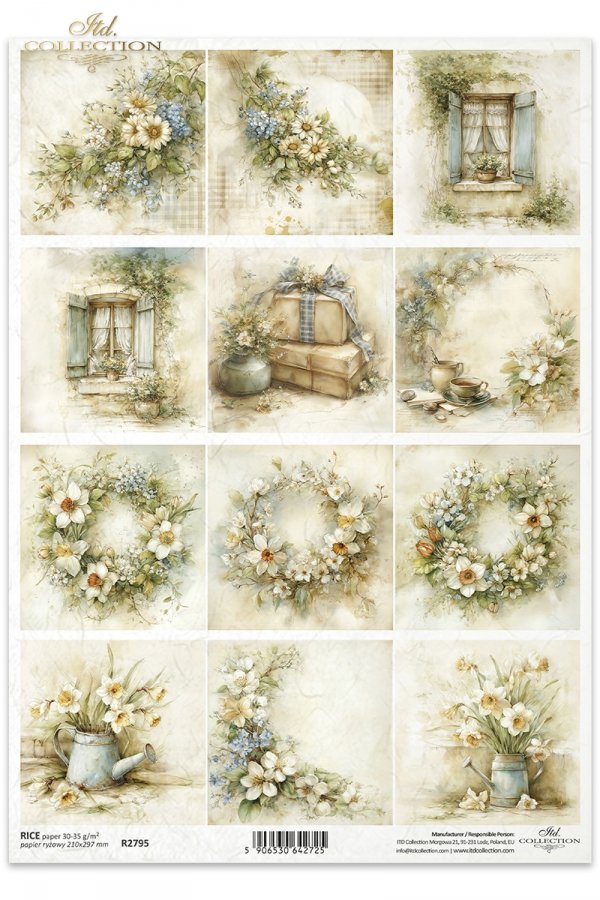 kwiaty, wiosna, narcyzy, margerytki, styl rustykalny, vintage, akwarela, wianki, okna, bukiety, pastelowe kolory, natura, sielski klimat*flowers, spring, daffodils, daisies, rustic style, watercolor, wreaths, windows, bouquets, pastel colors, nature, idyl
