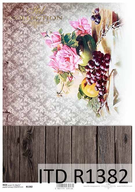 Papier decoupage deski, tapeta, kwiaty, owoce, martwa natura*Decoupage paper boards, wallpaper, flowers, fruits, still life