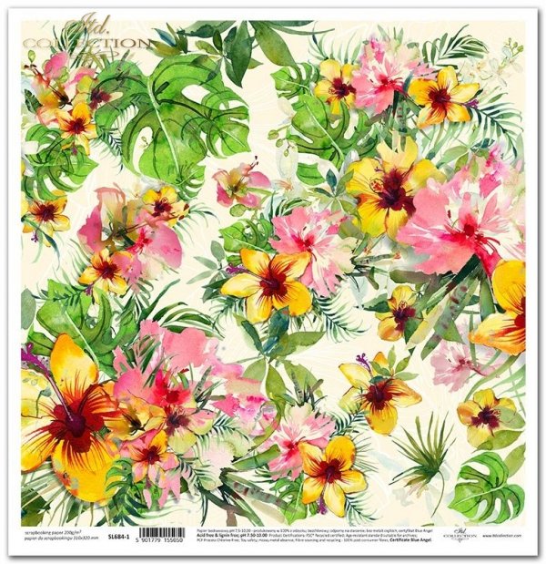 Seria Tropical dreams - tropikalne kwiaty, kwiat hibiskusa, liście monstery, liście palmy