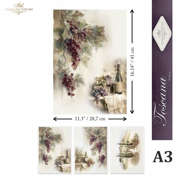 Papier decoupage morwowy FPA3023, Seria Toskania - Martwa natura, wino, winogrona, rustykalny styl, tryptyk