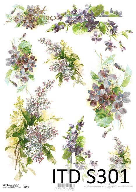 Papier decoupage Fiołki, Bzy*Paper decoupage violets, lilacs