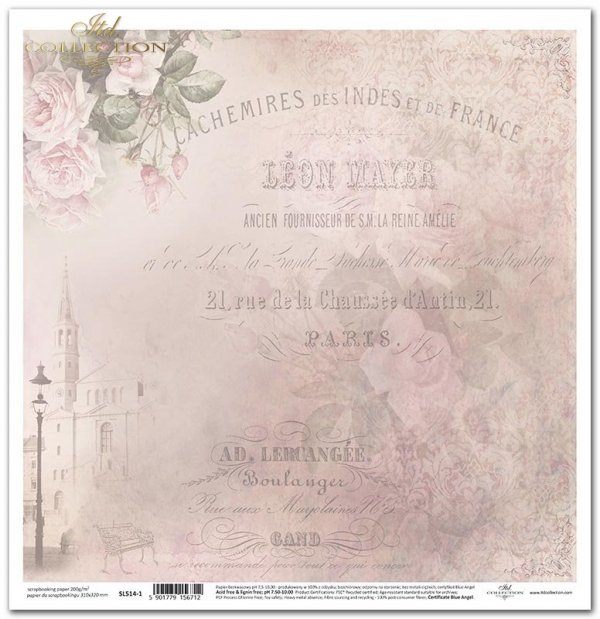 bardzo delikatne i subtelne różowe tło, fragment budynku, wieża, dawna latarnia uliczna, ławeczka uliczna, kwiaty, róże, ornamenty, napisy 'Paris'