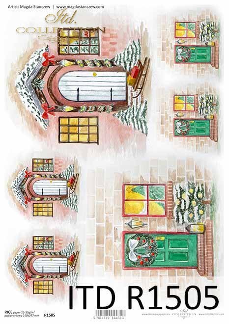 stylowe drewniane drzwi, okna z dekoracjami świątecznymi*stylish wooden doors, windows with holiday decorations
