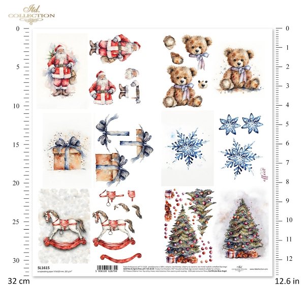 Święty Mikołaj, konik na biegunach, miś, śnieżynka, prezent, choinka, elementy do wycinania, 3d effect*Father Christmas, rocking horse, teddy bear, snowflake, gift, Christmas tree, cut-outs
