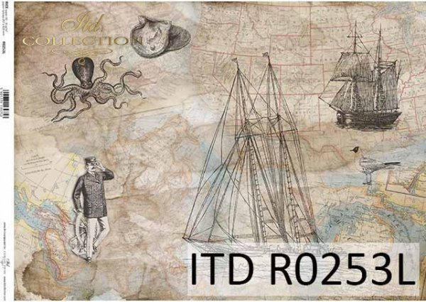 papier decoupage mapa, żaglowiec, motywy marynistyczne*decoupage paper map, sailing ship, nautical motifs