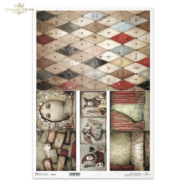 romby, wzór harlekin, diamenty, vintage, tekstura grunge, stare pismo, nity, patyna, tło, cyrk, teatr, retro, bilety wstępu, scena, kurtyna, deski teatru, maska, oczy, rekwizyty, vintage, teatr, widowisko, kolaż