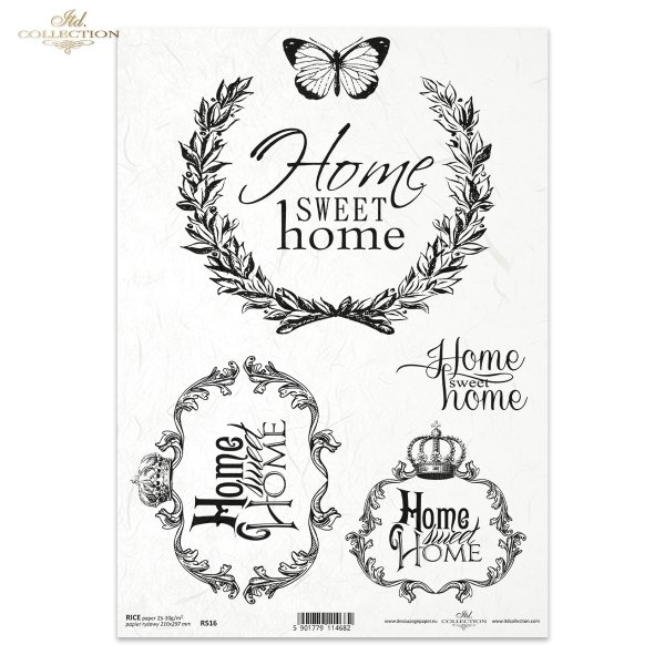 Retro, Vintage, charm of old objects, wreaths, wreath, crown, butterfly, home sweet home, R516