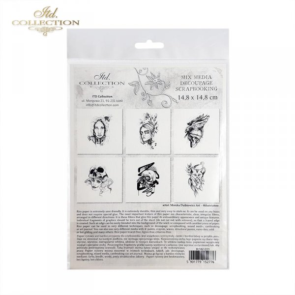 Zestaw papierów ryżowych ITD - RSM011 * Grafiki tatuaży Moniki Dutkiewicz Art * twarz, czaszka, czaszki, wąż, kot 
