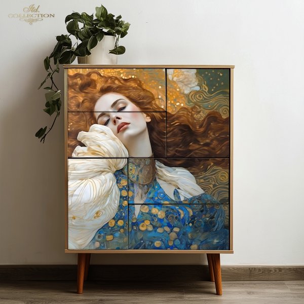 Papier decoupage morwowy FPA1011, Seria Inspired by Klimt, kobiety, zloto, dekoracyjne wzory, kamienie szlachetne, mozaiki, motywy secesyjne * Mulberry decoupage paper FPA1012, women, gold, decorative patterns, gemstones, mosaics, Art Nouveau motifs