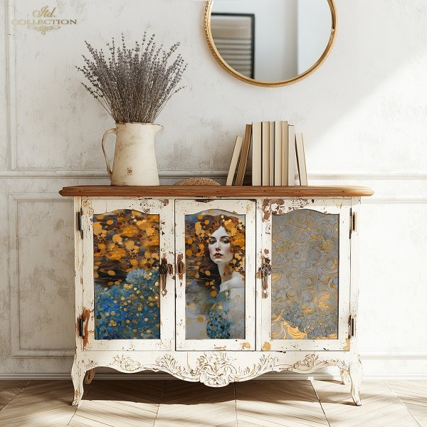 Papier decoupage morwowy FPA3002, Seria Inspired by Klimt, kobiety, zloto, dekoracyjne wzory, kamienie szlachetne, mozaiki, motywy secesyjne * Mulberry decoupage paper FPA3001, women, gold, decorative patterns, gemstones, mosaics, Art Nouveau motifs *Pape