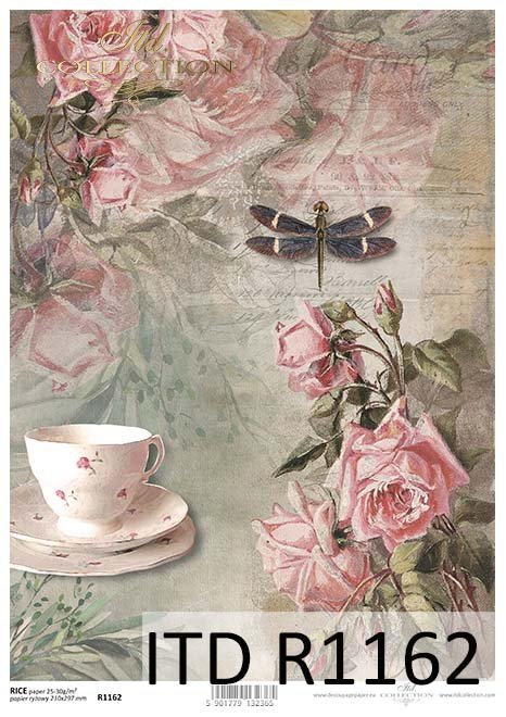 papier decoupage Vintage, filiżanka, róże, ważka*Vintage decoupage paper, cup, roses, dragonfly