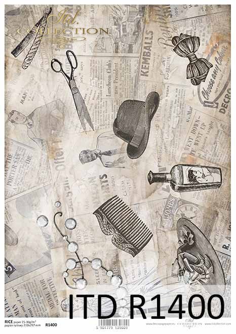 papier decoupage Vintage, stara gazeta, fryzjerskie akcesoria*vintage decoupage paper, old newspaper, hairdressing accessories