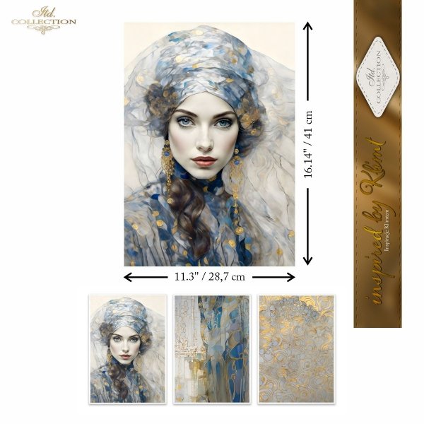 Papier decoupage morwowy FPA3006, Seria Inspired by Klimt, kobiety, zloto, dekoracyjne wzory, kamienie szlachetne, mozaiki, motywy secesyjne * Mulberry decoupage paper FPA3006, women, gold, decorative patterns, gemstones, mosaics, Art Nouveau motifs