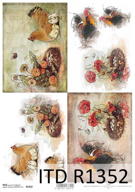 papier ryżowy decoupage kury, kurczaki, koguty*rice paper decoupage, chickens, roosters