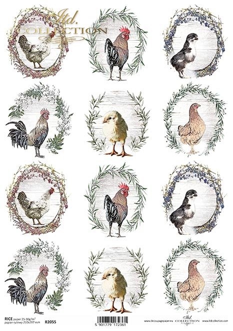 kury i koguty z wieńcami na tle desek*hens and roosters with wreaths on a background of boards*Hühner und Hähne mit Kränzen auf einem Hintergrund aus Brettern*gallinas y gallos con coronas sobre un fondo de tablas