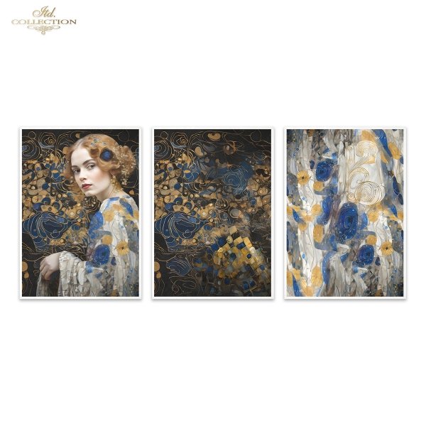 Papier decoupage morwowy FPA3003, Seria Inspired by Klimt, kobiety, zloto, dekoracyjne wzory, kamienie szlachetne, mozaiki, motywy secesyjne * Mulberry decoupage paper FPA3003, women, gold, decorative patterns, gemstones, mosaics, Art Nouveau motifs