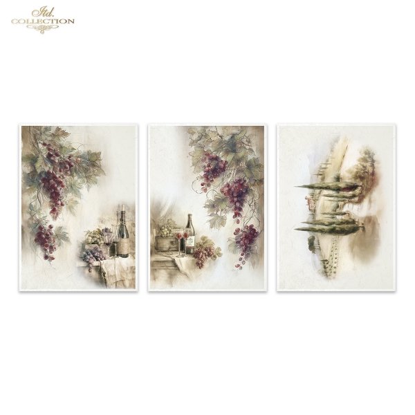 Papier decoupage morwowy FPA3023, Seria Toskania - Martwa natura, wino, winogrona, rustykalny styl, tryptyk