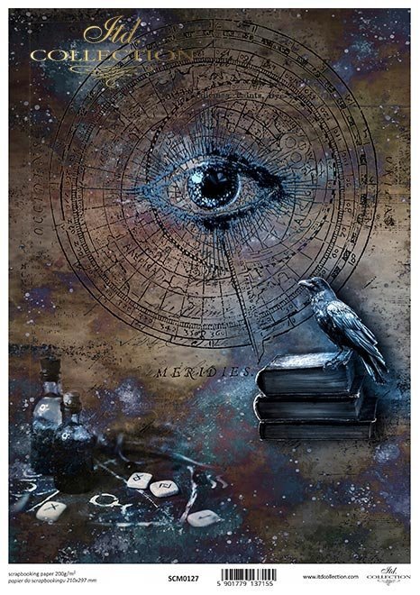 Alchemia, oko, kruk, księgi, butelki, niebo, galaktyka, zodiak, kosmogram, tło, kolaż*Alchemy, eye, raven, books, bottles, sky, galaxy, zodiac, cosmogram, background, collage*Alchemie, Auge, Rabe, Bücher, Flaschen, Himmel, Galaxie, Tierkreis, Kosmogramm,A