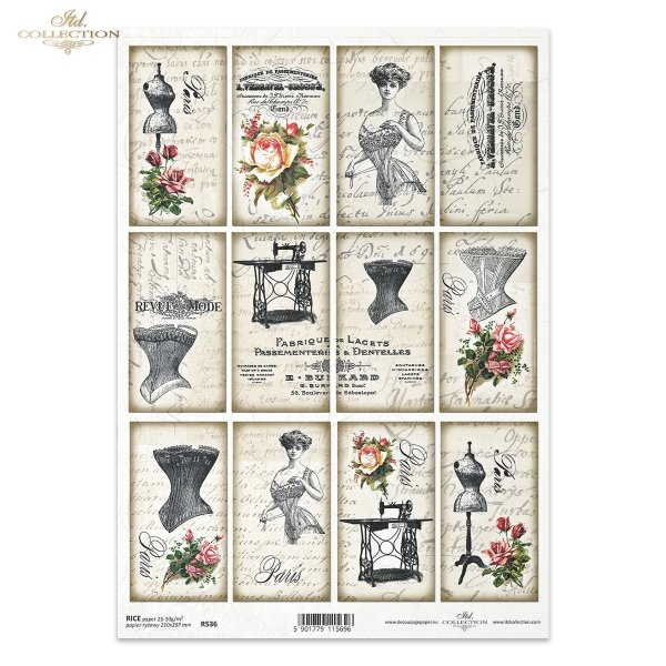 czar dawnych przedmiotów; bielizna kobieca, gorset, dawne napisy, manekin krawiecki, maszyny krawieckie, maszyny do szycia, retro, Paris, R536, charm of old objects; women's underwear, corset, old inscriptions, tailor's dummy, sewing machines, sewing ma