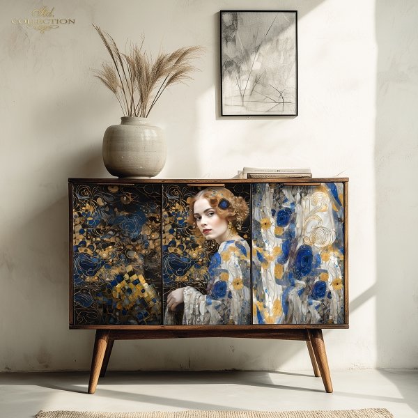 Papier decoupage morwowy FPA3003, Seria Inspired by Klimt, kobiety, zloto, dekoracyjne wzory, kamienie szlachetne, mozaiki, motywy secesyjne * Mulberry decoupage paper FPA3003, women, gold, decorative patterns, gemstones, mosaics, Art Nouveau motifs