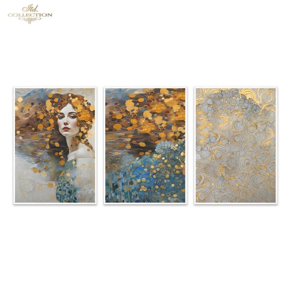 Papier decoupage morwowy FPA3002, Seria Inspired by Klimt, kobiety, zloto, dekoracyjne wzory, kamienie szlachetne, mozaiki, motywy secesyjne * Mulberry decoupage paper FPA3001, women, gold, decorative patterns, gemstones, mosaics, Art Nouveau motifs *Pape